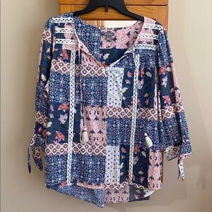 Falls Creek Coral and Navy Patterned Blouse